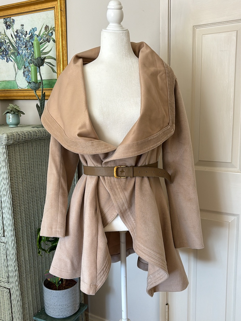 Cape style Wrap Coat with Belt - Taupe